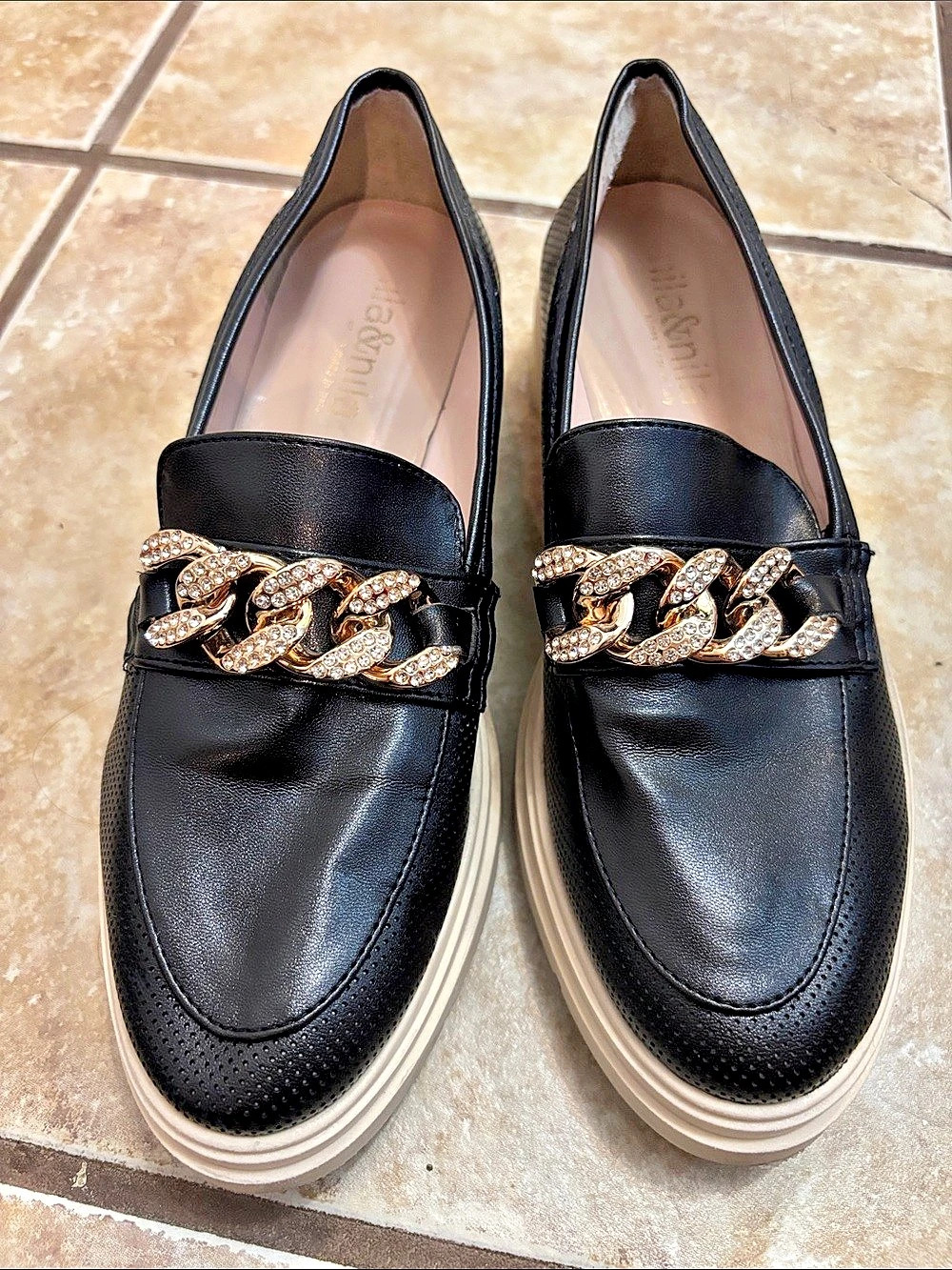 Nila and Nila Chain Loafers Black & Gold italian leather shoes 38
